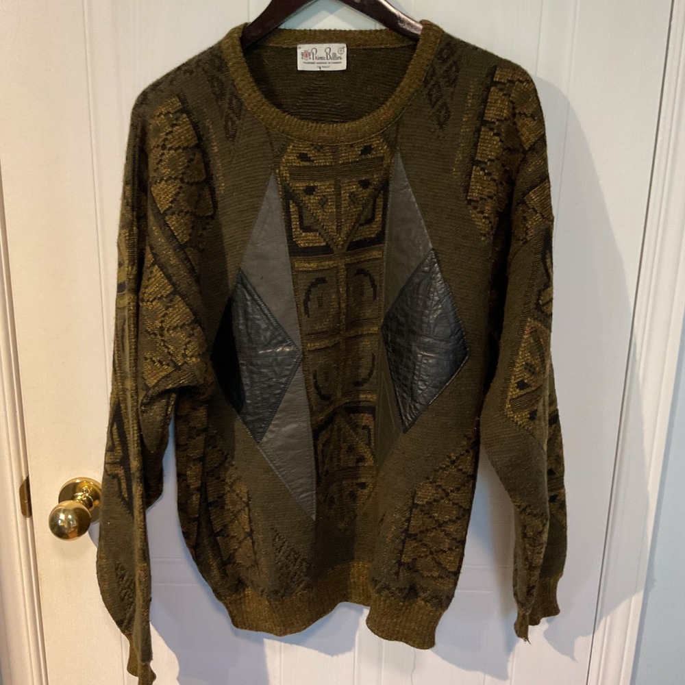 Prince Bellini Sweater Mens L Green Excellent Vintage 80s Leather Patch Knit